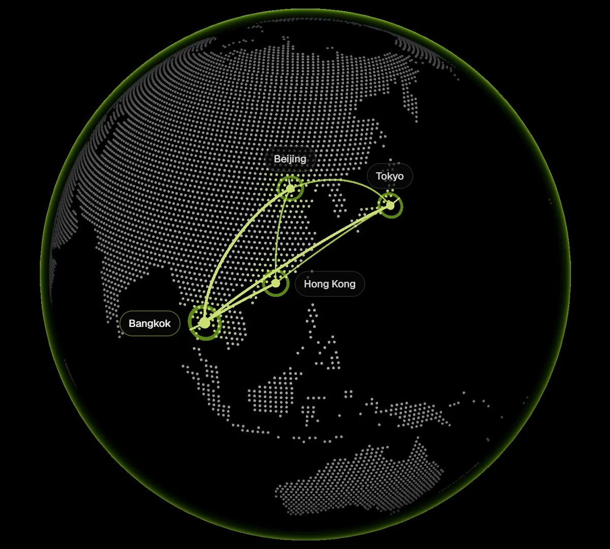 A globe turned to Asia, with Bangkok linked to Hong Kong, Beijing and Tokyo
