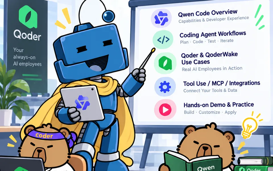 Illustration: a trainer presenting Qwen Code, coding-agent workflows, Qoder and QoderWake, MCP and a hands-on demo