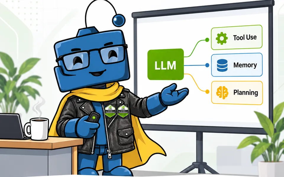 Illustration: a trainer presenting an LLM connected to tool use, memory and planning