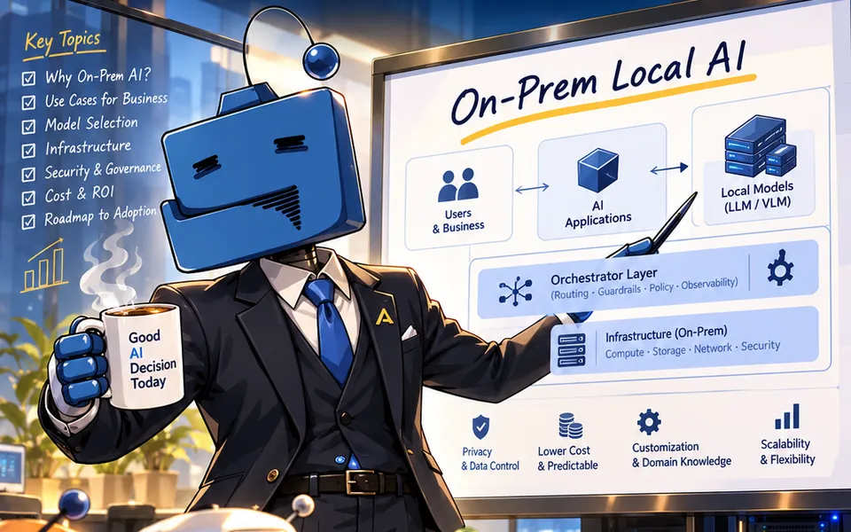 Illustration: a trainer presenting on-prem local AI: users, AI applications, local models, the orchestrator and on-prem infrastructure